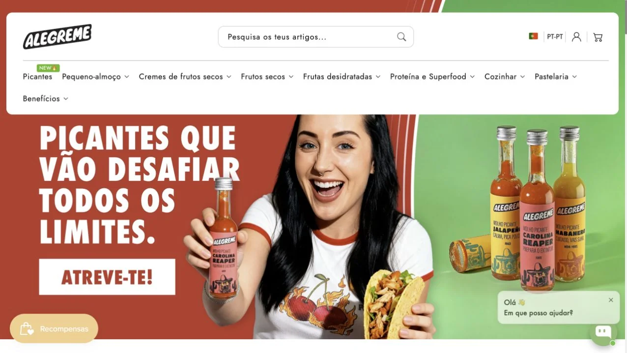 Alegreme online shop homepage with food categories and products.