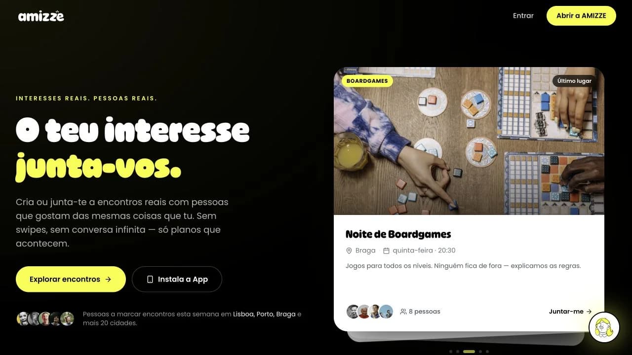 Amizze homepage for discovering meetings around shared interests.