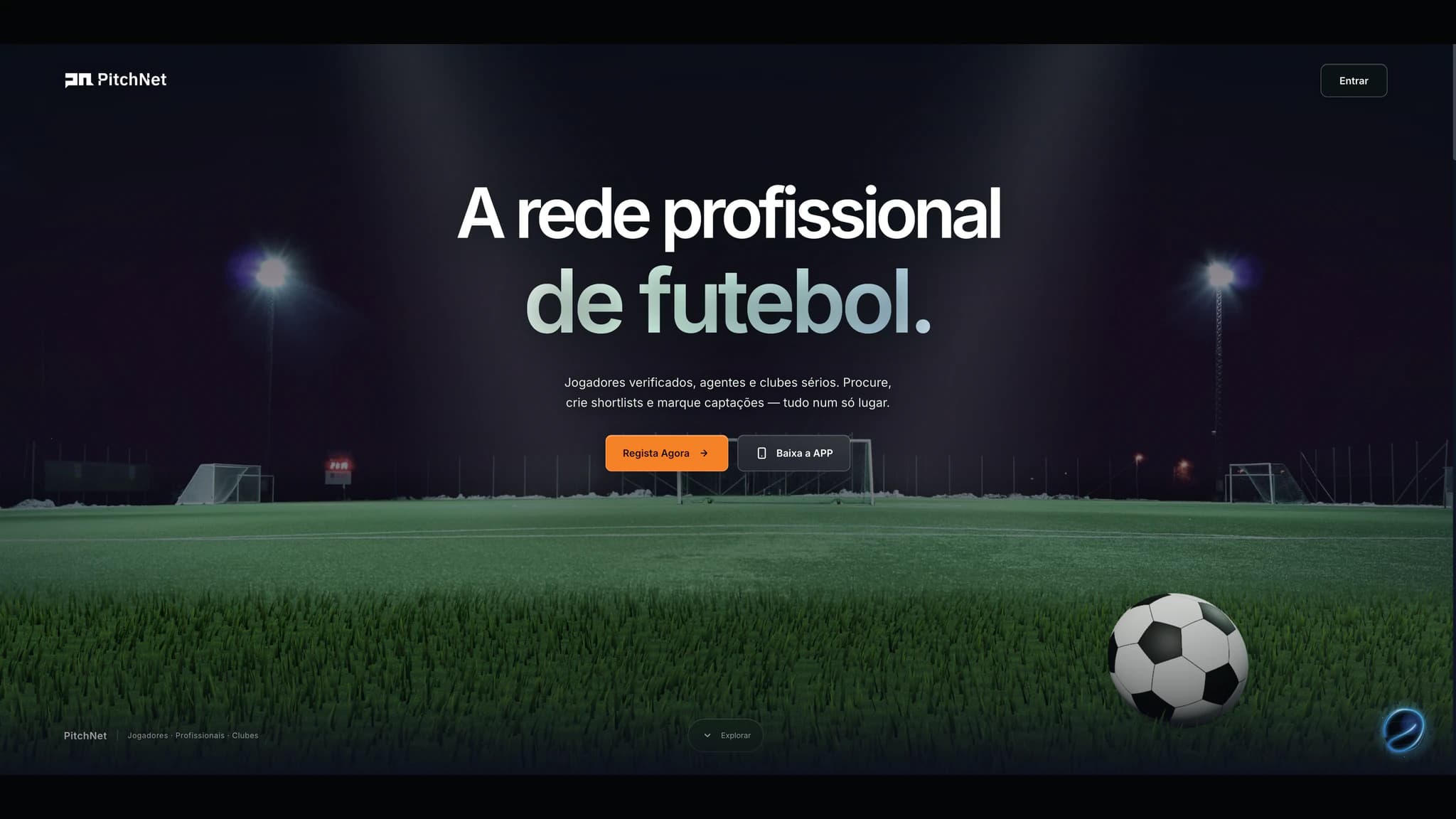 Pitchnet homepage with its professional football network introduction over a floodlit pitch.