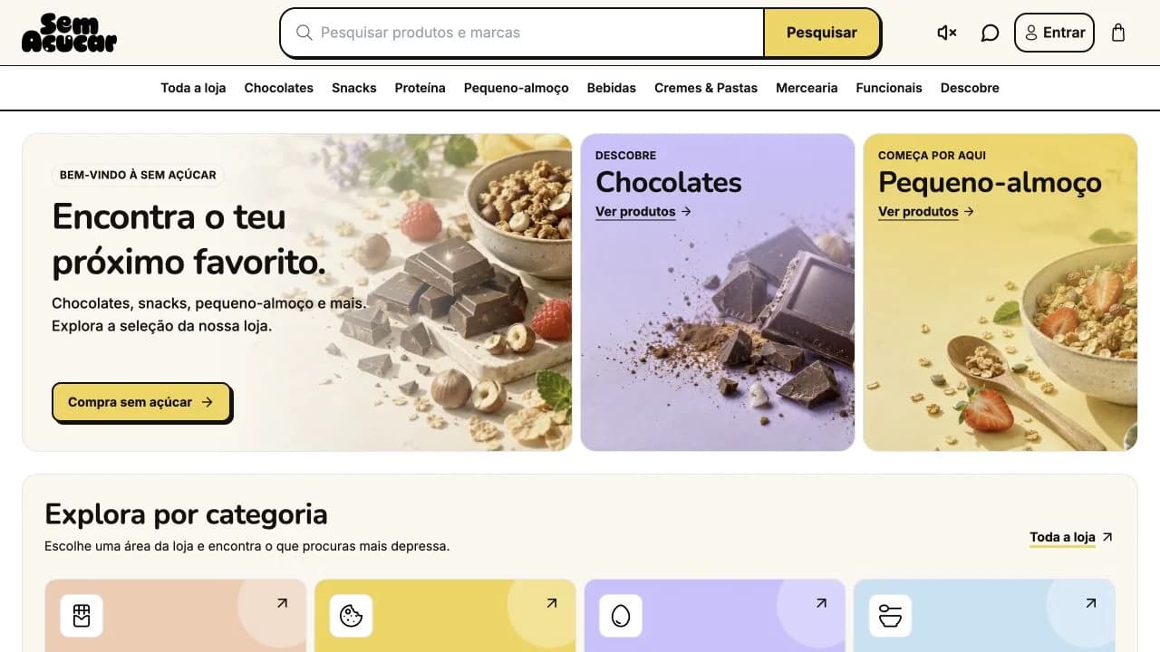 SemAçucar homepage with its ant mascot and product shop.