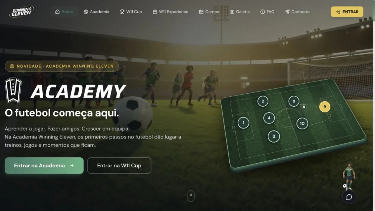 WinningEleven homepage for its youth-football platform.